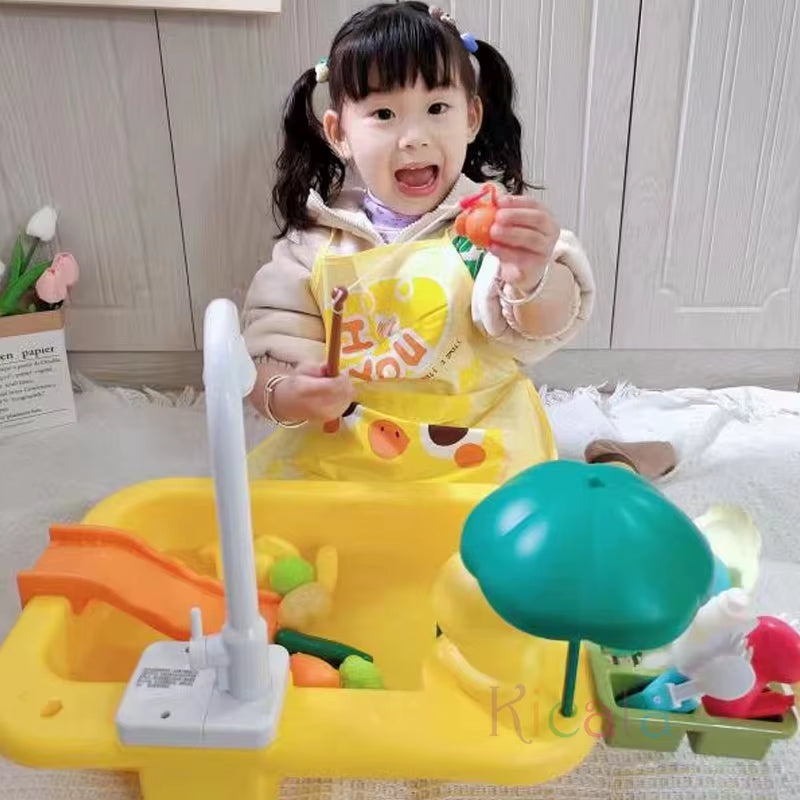 Kids Kitchen Sink Toys Electric Dishwasher Playing Toy with Running Water Pretend Play Food Fishing Toy Role Playing Girls Gift